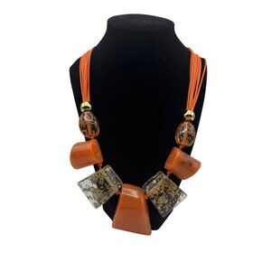 Chunky Orange Geometric Resin Bead Statement Necklace Adjustable Cord Gold Finis